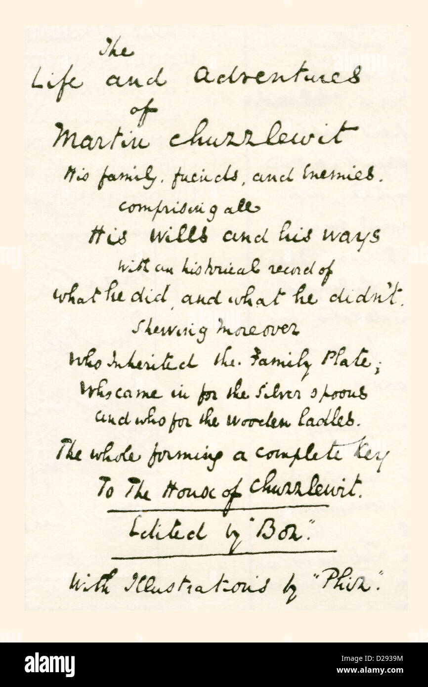 L'une des pages de titre écrit par Charles Dickens lorsqu'il travaillait à son roman Martin Chuzzlewit. Banque D'Images