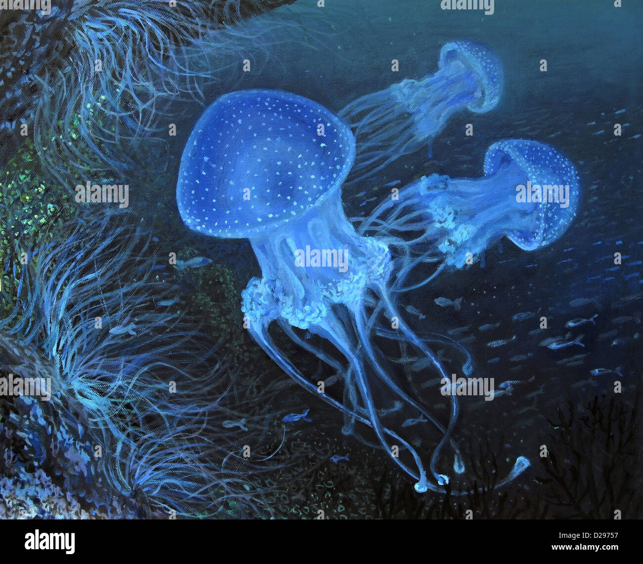 Une peinture à l'huile sur toile d'une vie marine profond sous la surface de l'eau de l'océan avec des méduses en pointillé bleu fluorescent. Banque D'Images
