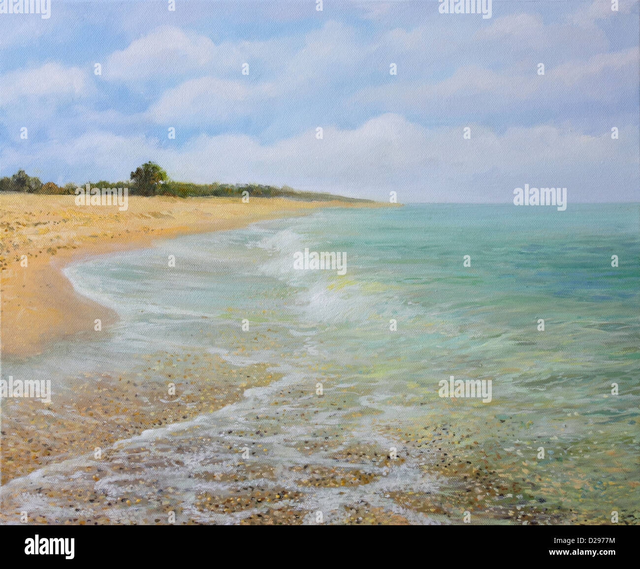 Une peinture à l'huile sur toile de la plage de sable près de Krapets en été avec calme, invitant l'eau claire. Banque D'Images