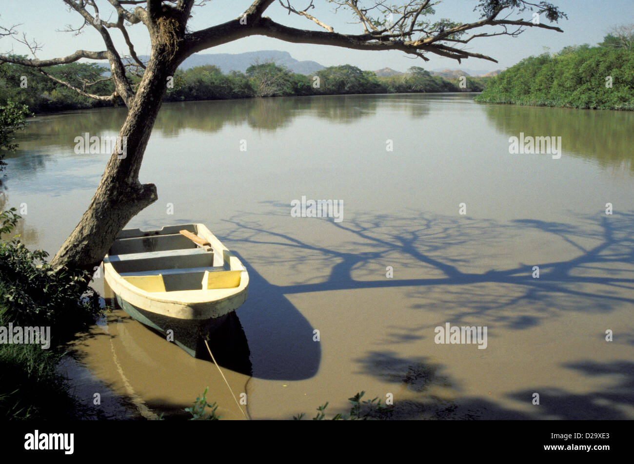 Costa Rica : la rivière Tempisque ; ligne voile attaché sur la rive Banque D'Images