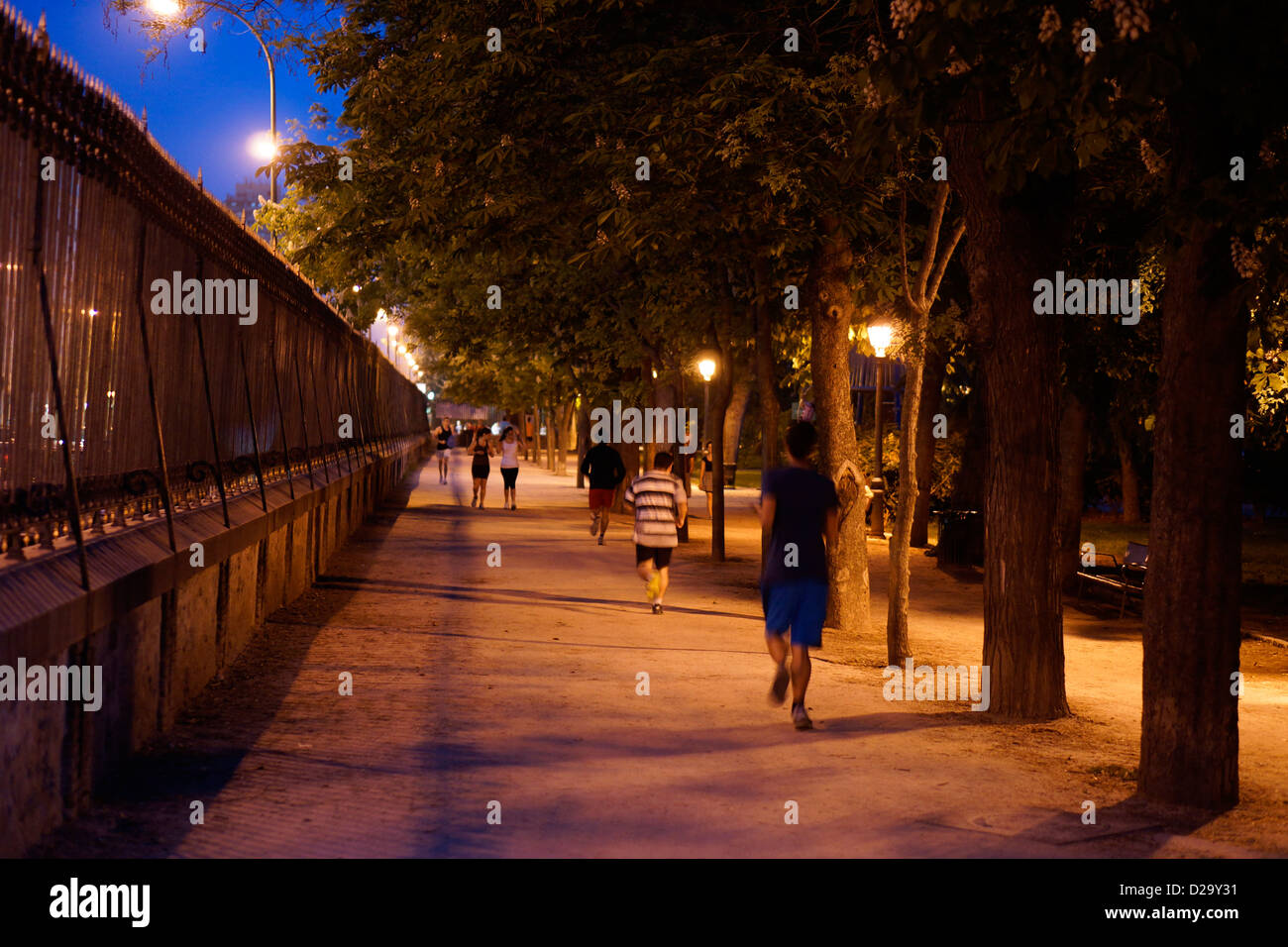 Parc du Retiro à Madrid night people running jogging crépuscule crépuscule espagne Banque D'Images