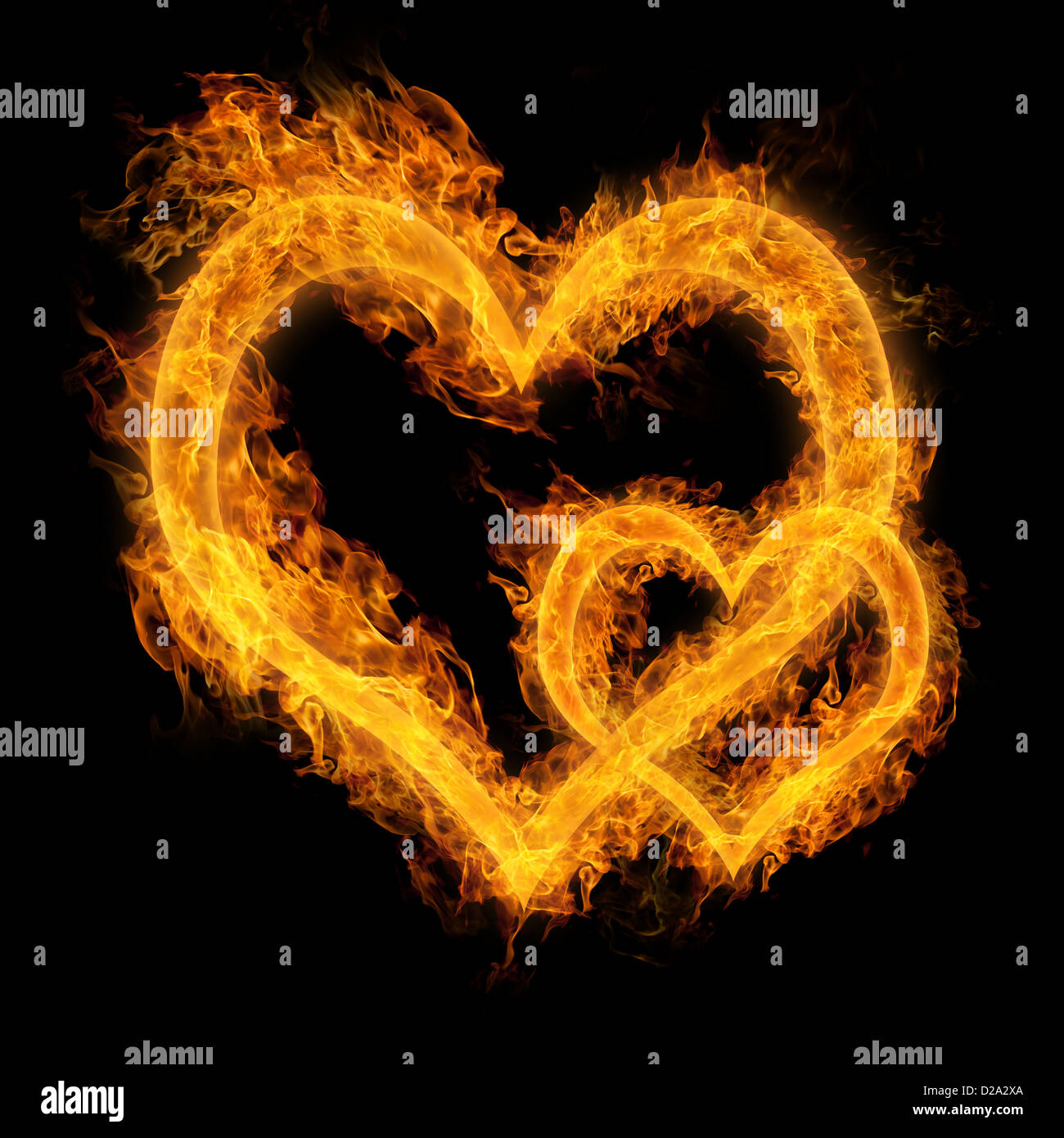 Coeur en feu sur fond noir Banque D'Images