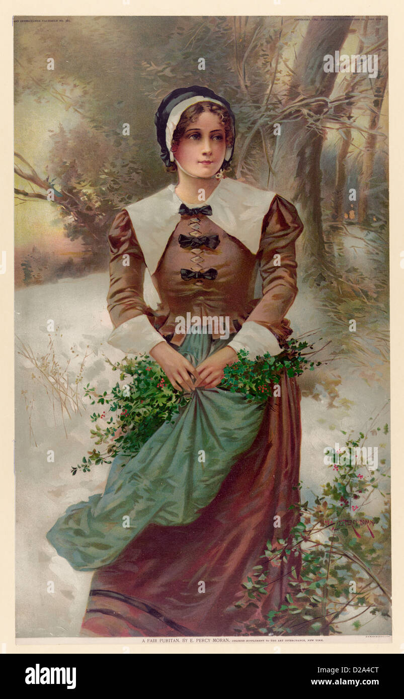 Une juste Puritan / E Percy Moran Woman Standing In Snow Holding Holly dans son tablier technique : 1 Couleur d'impression : Chromolithographie Banque D'Images