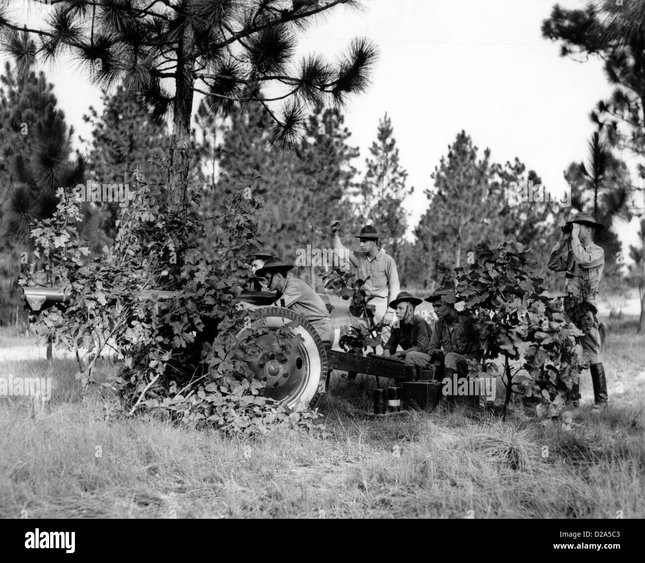 La Première Guerre mondiale soldats tirer un canon camouflé. Banque D'Images