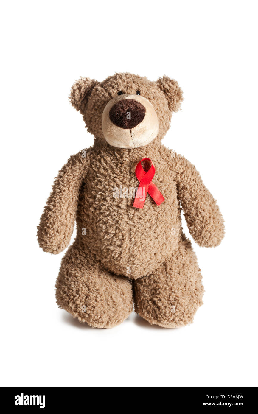 L'ours en peluche avec ruban rouge la sensibilisation au sida Banque D'Images