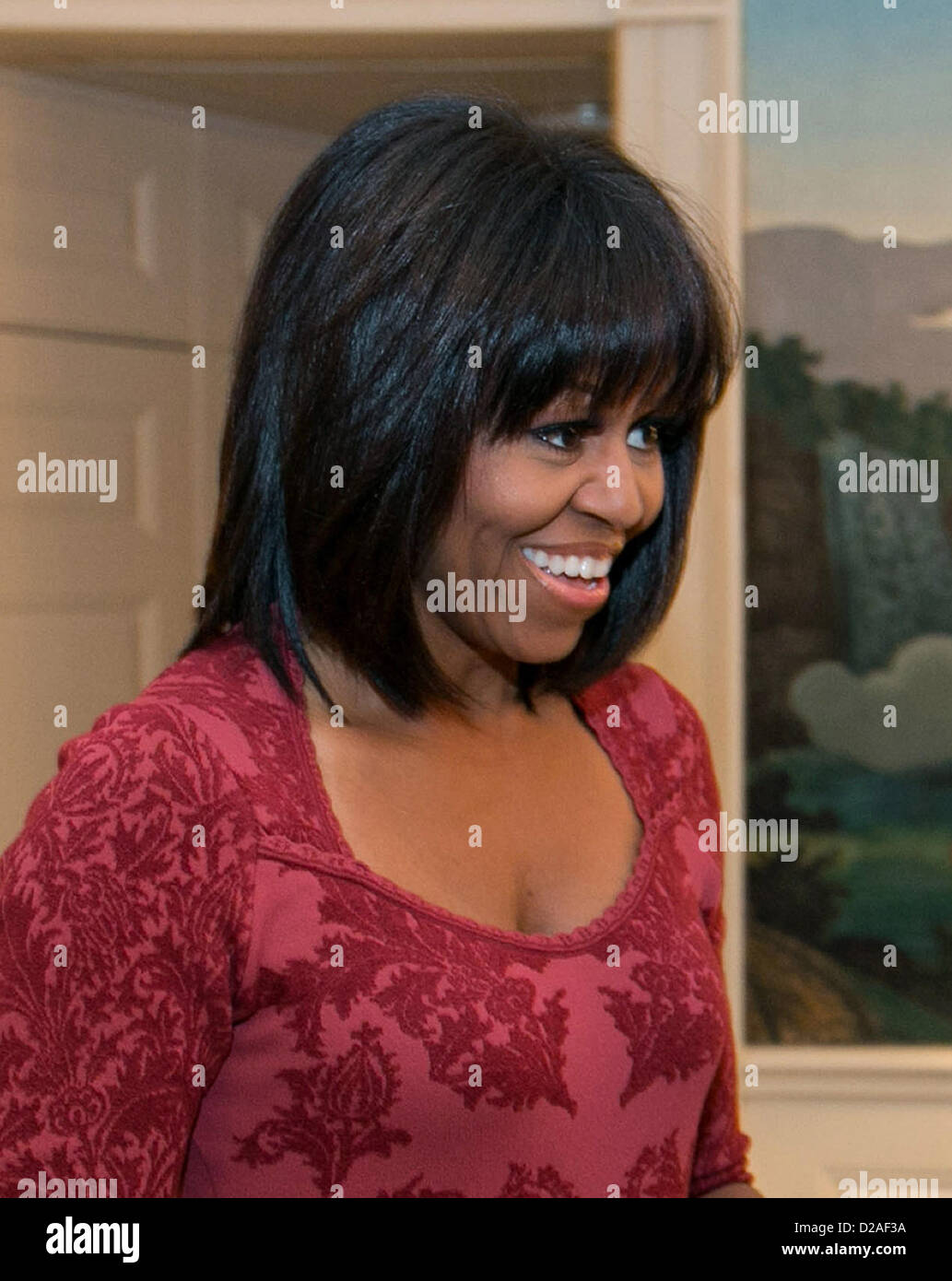 La Première Dame Michelle Obama salue David Hall, l'un des huit coprésidents citoyen pour l'inauguration, dans la salle de réception diplomatique de la Maison Blanche, le 17 janvier 2013..Crédit obligatoire : Lawrence Jackson - White House via CNP Banque D'Images