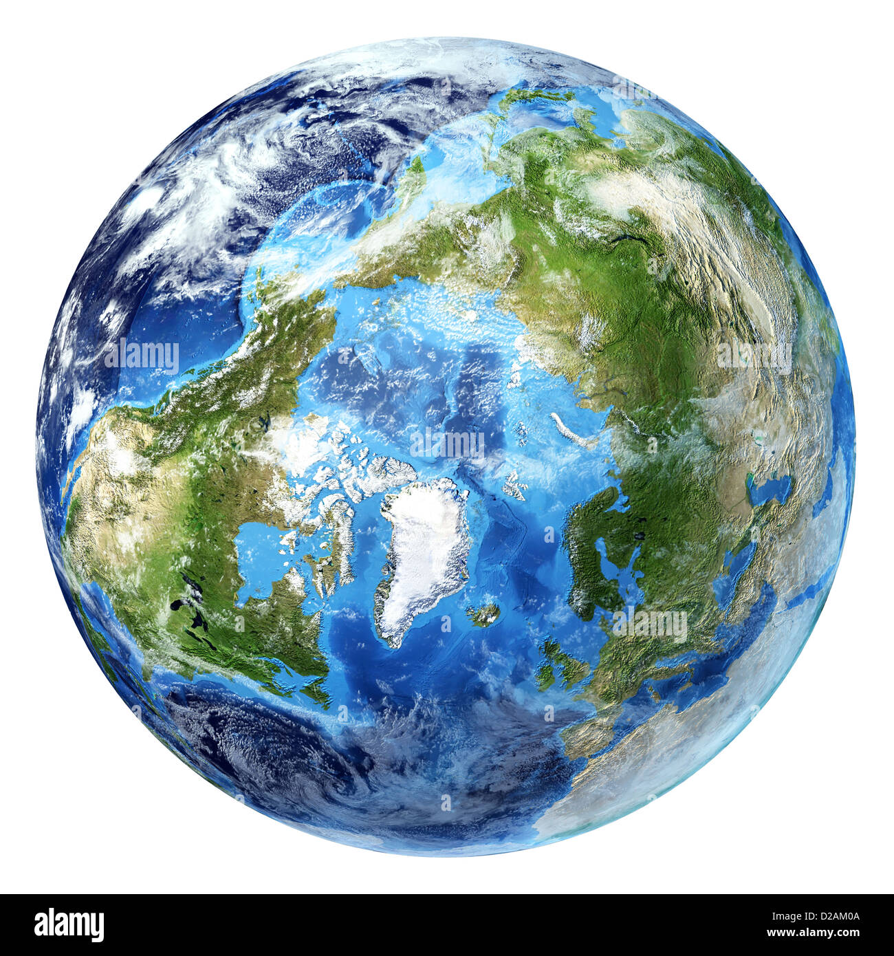 Globe de la terre, réaliste 3 D, avec quelques nuages. Vue de l'Arctique (pôle nord). Sur fond blanc. Banque D'Images