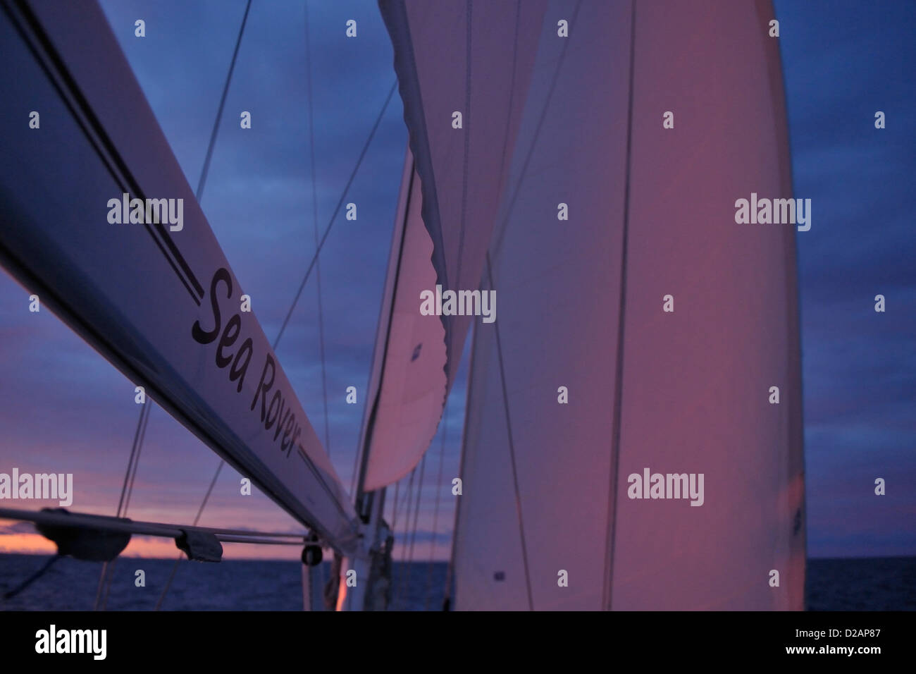 Couleurs de l'aube du ciel réfléchi sur les voiles blanches d'un yacht de voile au large des côtes de l'Océan Pacifique Banque D'Images