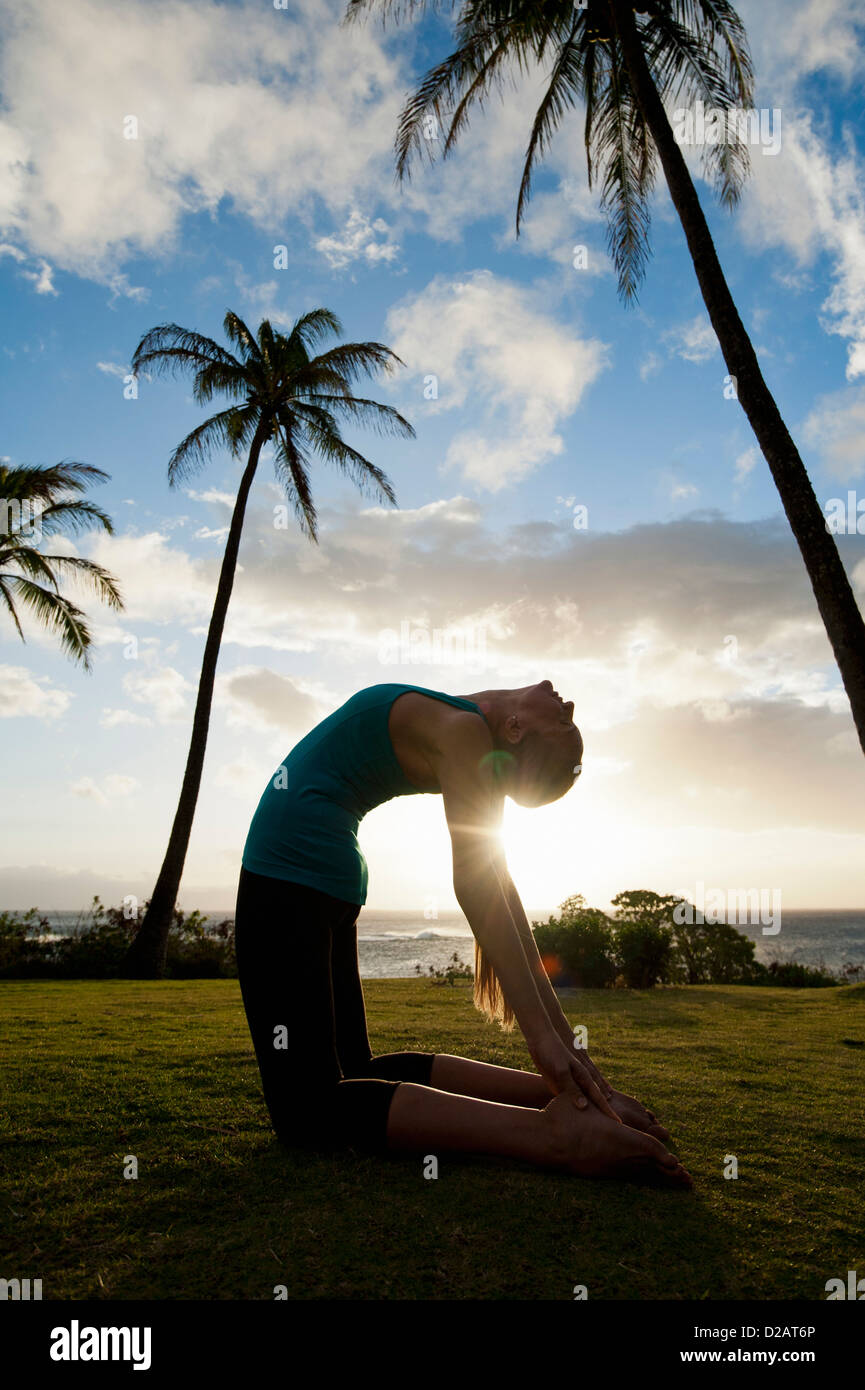 Woman practicing yoga in grassy field Banque D'Images