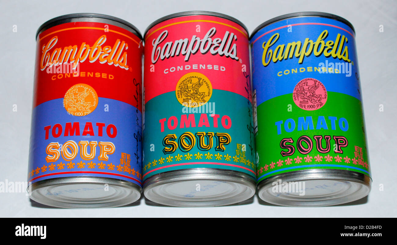 Trio de Warhol en édition limitée (les boîtes de soupe Campbell's Tomato) Boîtes Banque D'Images