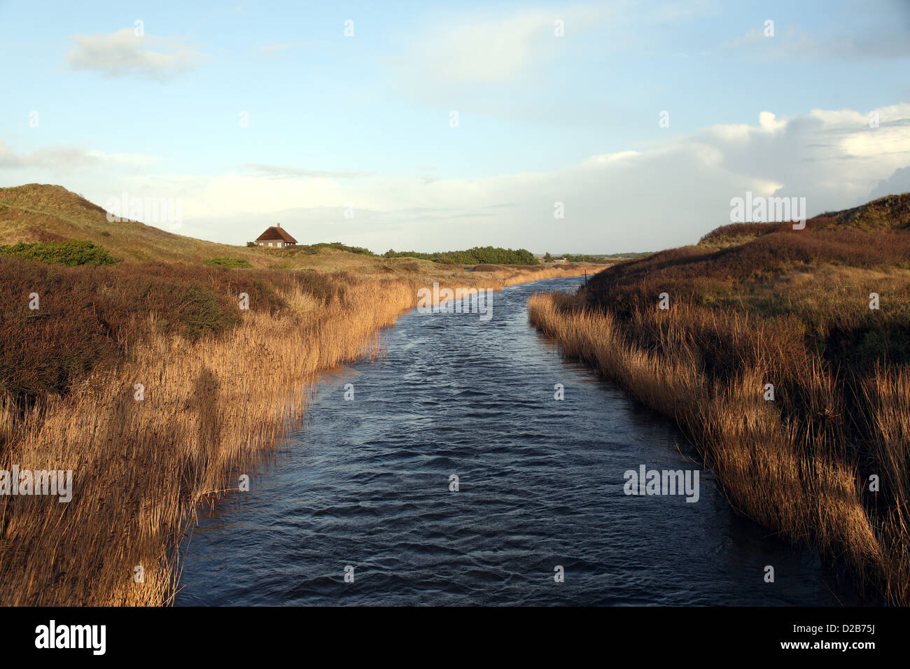 Henne, Danemark, la rivière Molle une poule et une maison à distance dans les dunes Banque D'Images