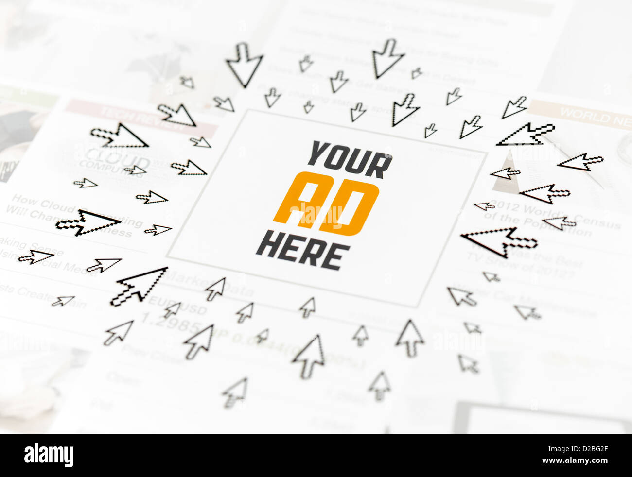 Web succès annonce avec texte 'Your Ad Here' et beaucoup de pointeurs de souris autour. Image conceptuelle. Banque D'Images