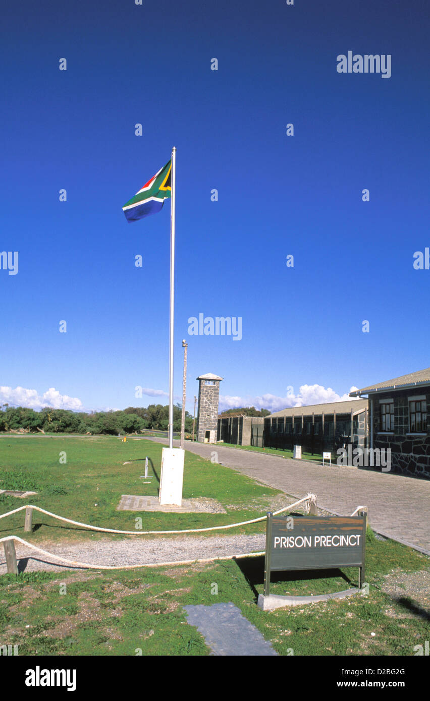 L'Afrique du Sud. La prison de Robben Island. Poteau indicateur. Nelson Mandela en prison ici. Banque D'Images