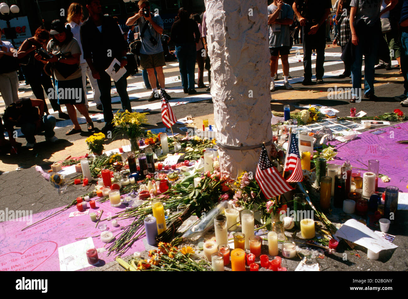 La ville de New York, Union Square. 9/11/2001. Mémoriaux dédiés aux victimes de l'attaque du World Trade Center. Banque D'Images
