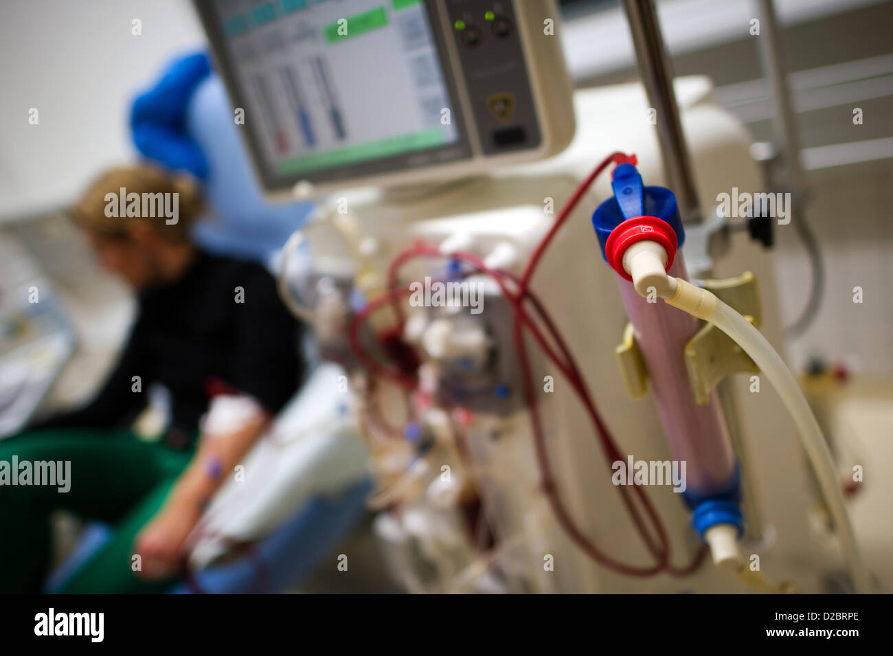 Un patient dialysé est connecté à un appareil de dialyse pour la purification du sang à l'Hôpital Universitaire Carl Gustav Carus à Dresde, Allemagne, 16 janvier 2013. Photo : Arno Burgi Banque D'Images