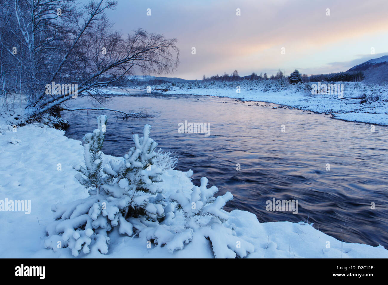 Les couleurs de l'aube, reflétée sur la rivière Feshie Glen Feshie au sein du Parc National de Cairngorms Ecosse Banque D'Images