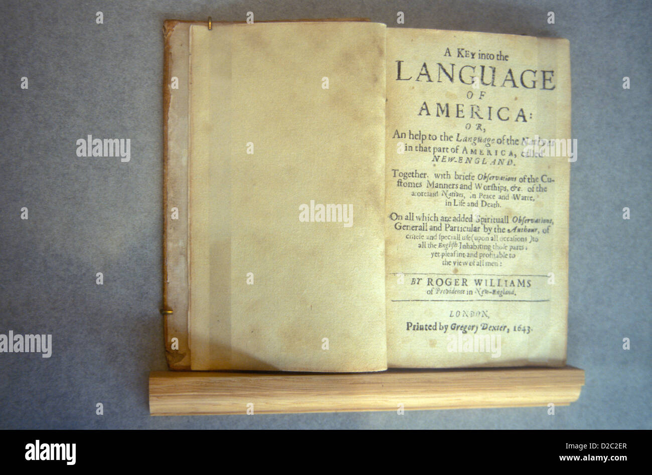 Rhode Island Providence Roger Williams National Memorial Page titre 'Une clé dans la langue latine" Roger Williams. Banque D'Images