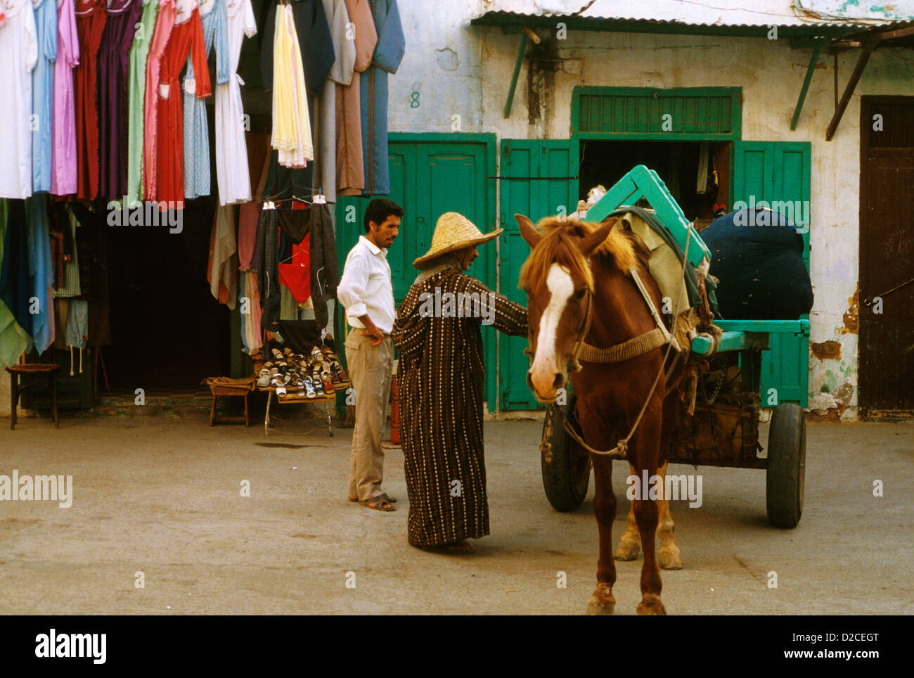 Maroc, Marrakech. Les hommes avec déménagement Cheval et panier. Banque D'Images
