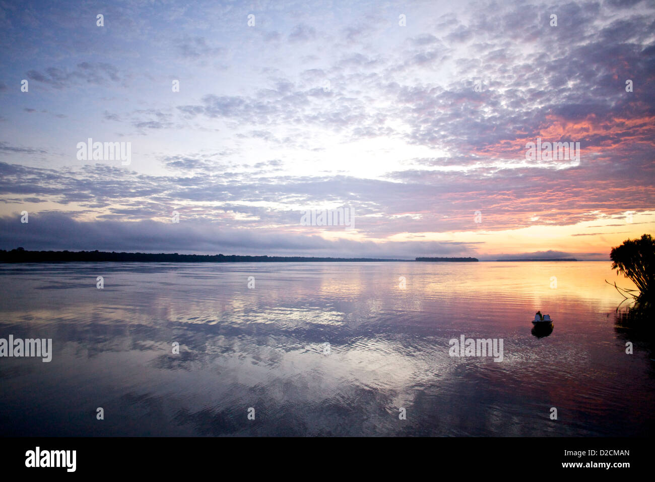 Superbe coucher de soleil sur la rivière Amazone avec des teintes roses, oranges et violettes vibrantes se reflétant sur l'eau calme, encadré par une forêt tropicale luxuriante et une silhouette de bateau Banque D'Images