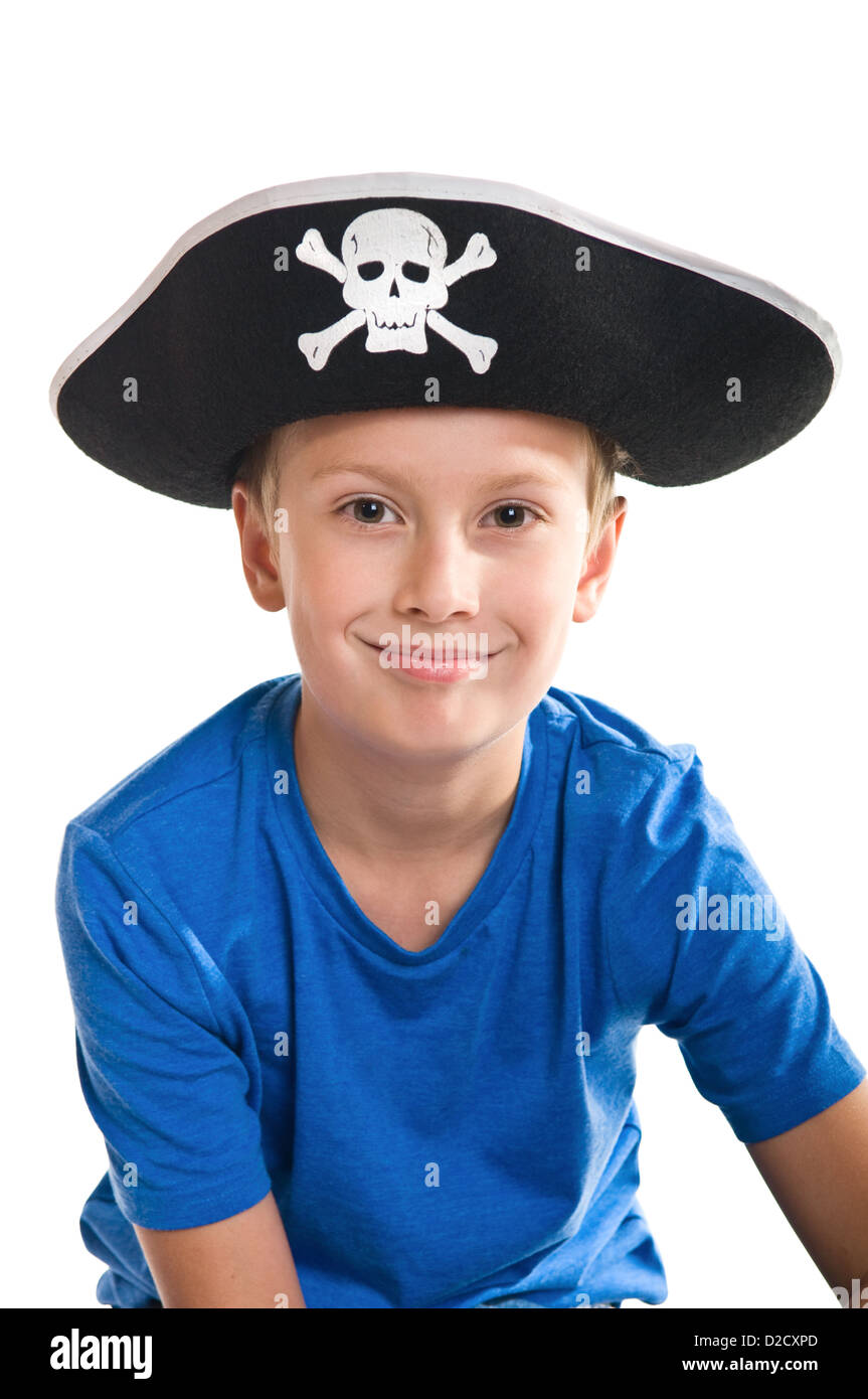Young smiling boy wearing hat pirate, isolated on white Banque D'Images