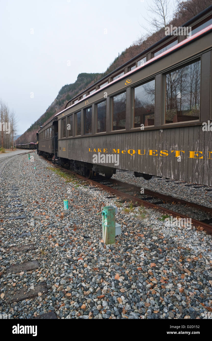 White Pass and Yukon Railroad voitures garées pour l'hiver à Skagway, Alaska, USA Banque D'Images