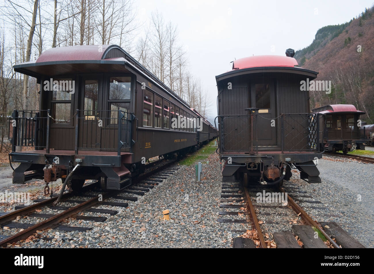 White Pass and Yukon Railroad voitures garées pour l'hiver à Skagway, Alaska, USA Banque D'Images