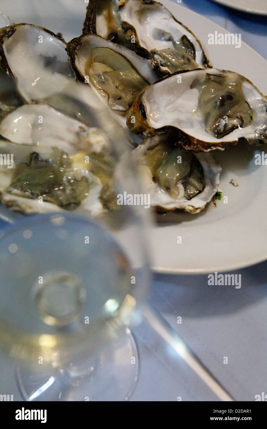 Une assiette d'huîtres crues et un verre de vin blanc, close-up Banque D'Images