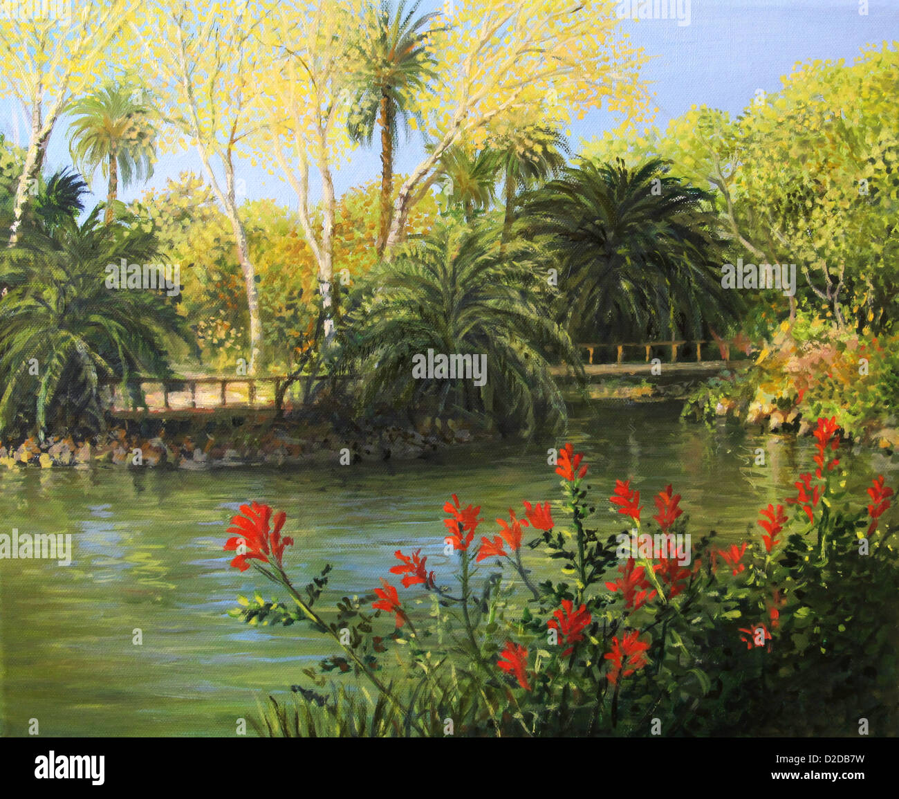 Une peinture à l'huile sur toile des jardins à la française avec le lac en 'Parc de la Ciutadella', Barcelone. Banque D'Images