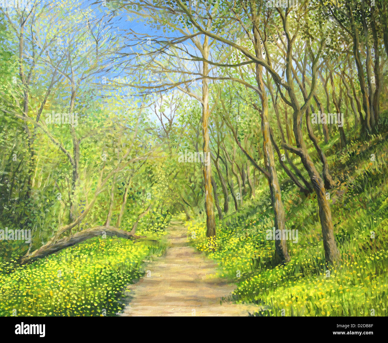 Une peinture à l'huile sur toile d'un paysage de saison avec une forêt vert vif et jaune fleurs au printemps et un sentier pédestre. Banque D'Images