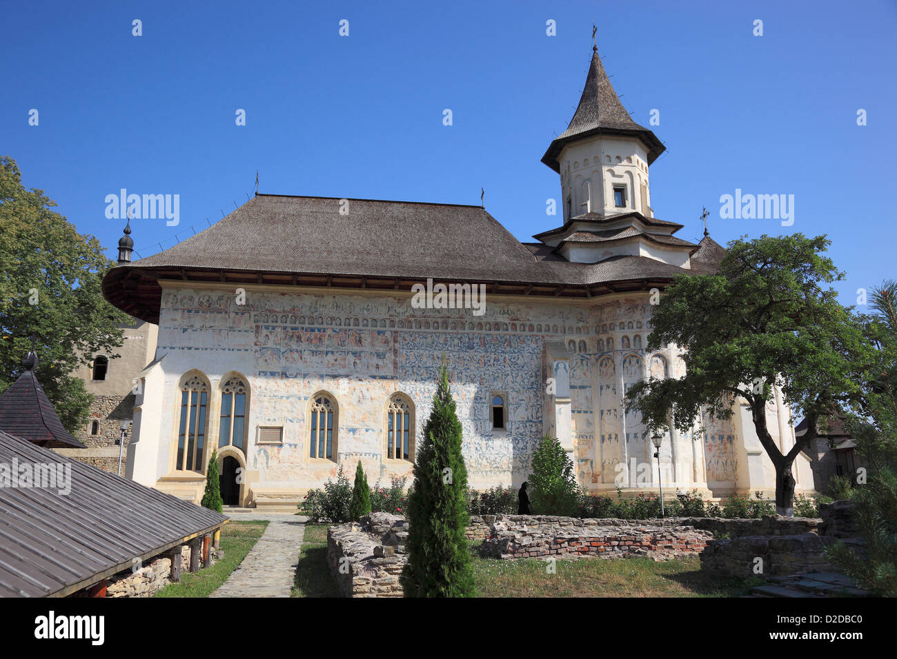 Le monastère de Probota, près de dolhasca, la Bucovine, Roumanie. l'église du saint st. nicolae - patrimoine mondial de l'unesco. Banque D'Images
