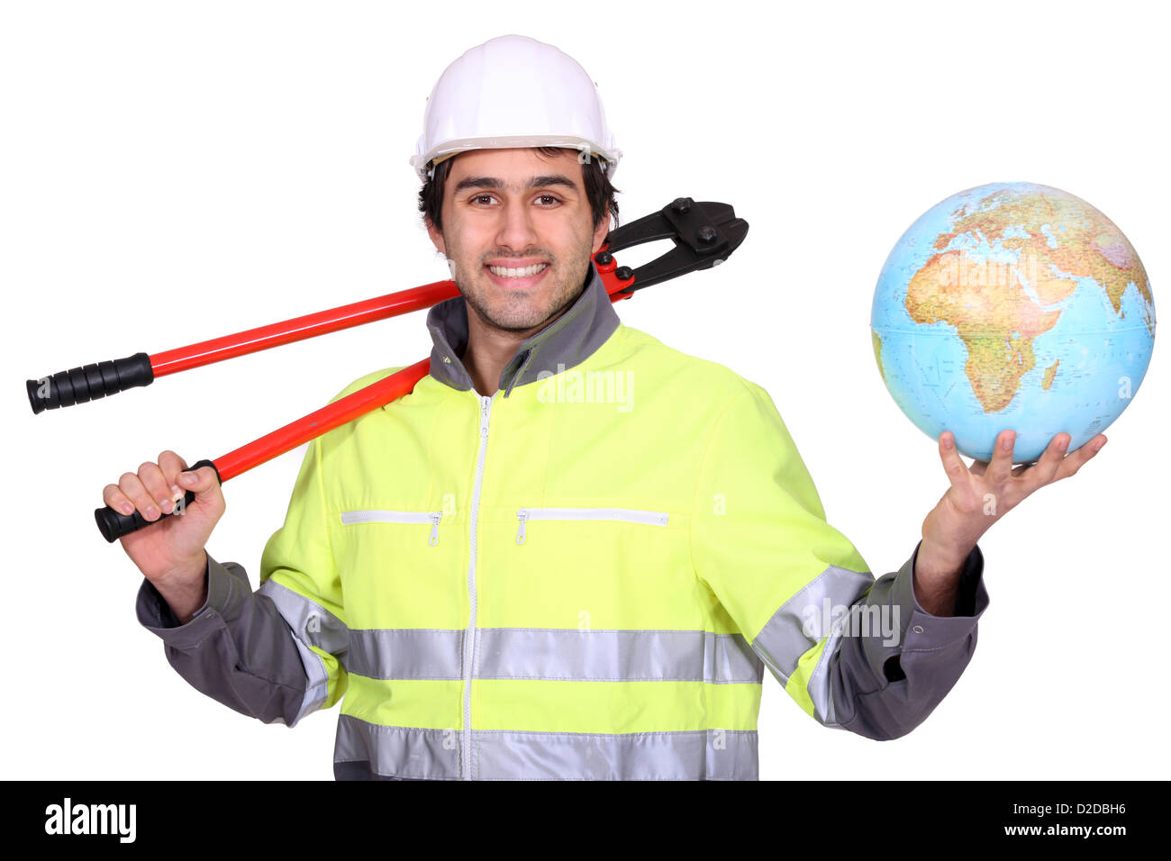 Workman holding globe Banque D'Images