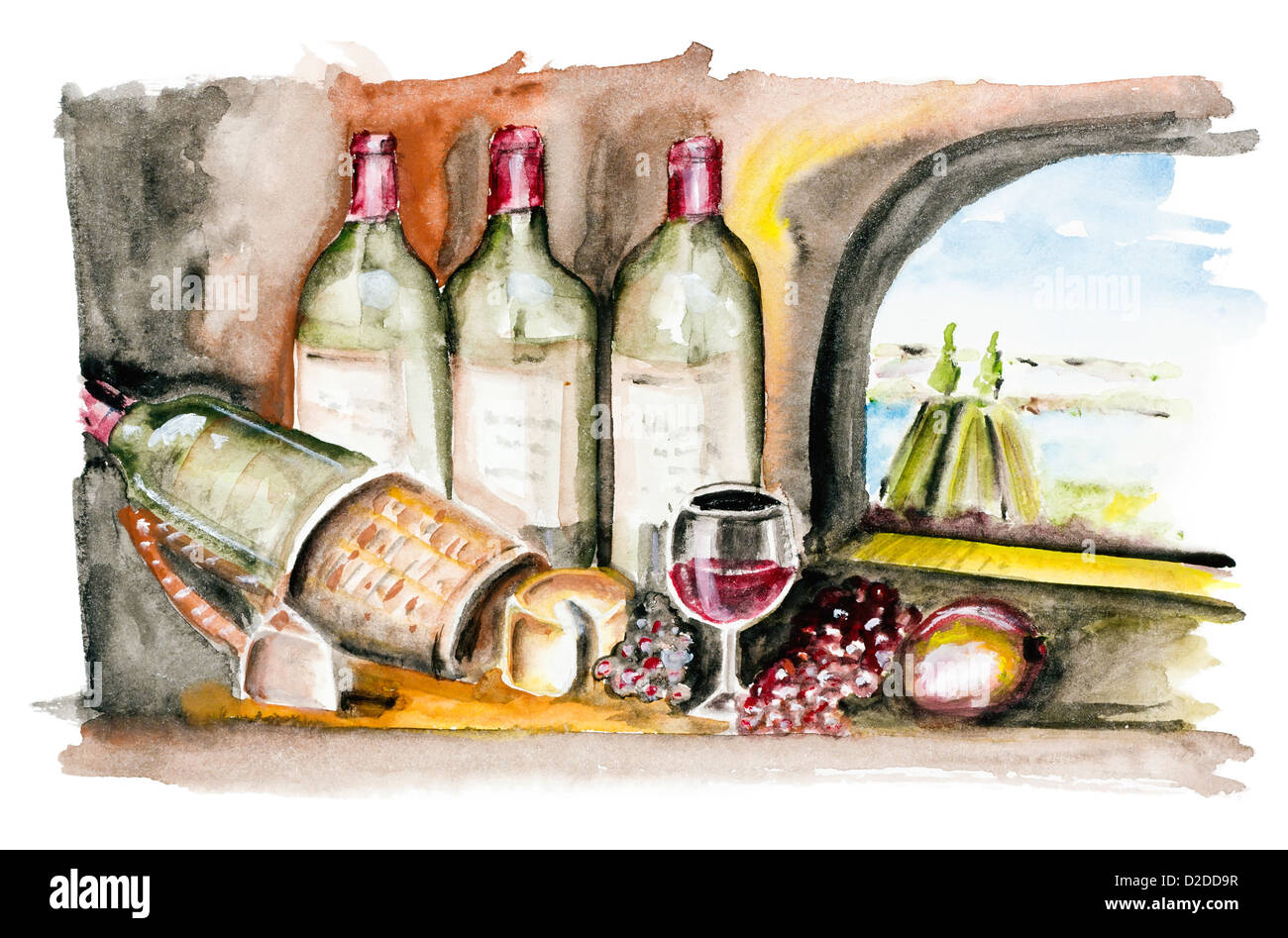 De bouteille de vin français, de fromage et de raisins dans la cuisine du château. En dehors de la fenêtre, paysage estival et rivière.Handmade Banque D'Images