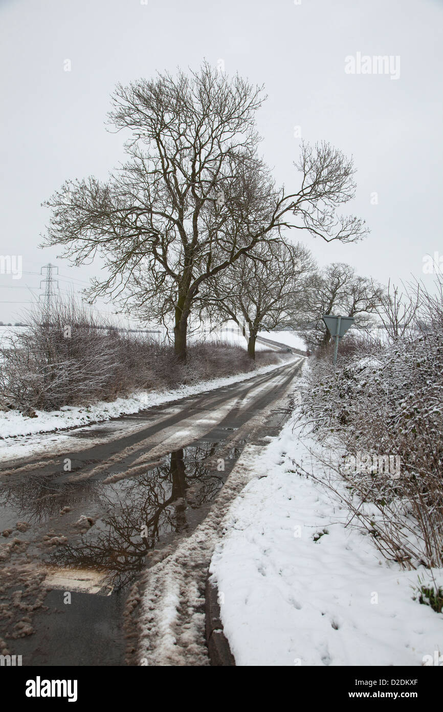 Chemin de campagne en hiver avec la réflexion d'arbres Banque D'Images