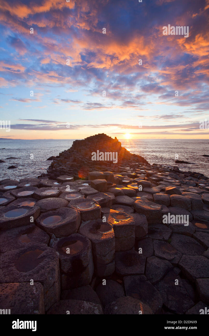 Coucher de soleil sur le Giant's Causeway, le comté d'Antrim, en Irlande du Nord. Banque D'Images