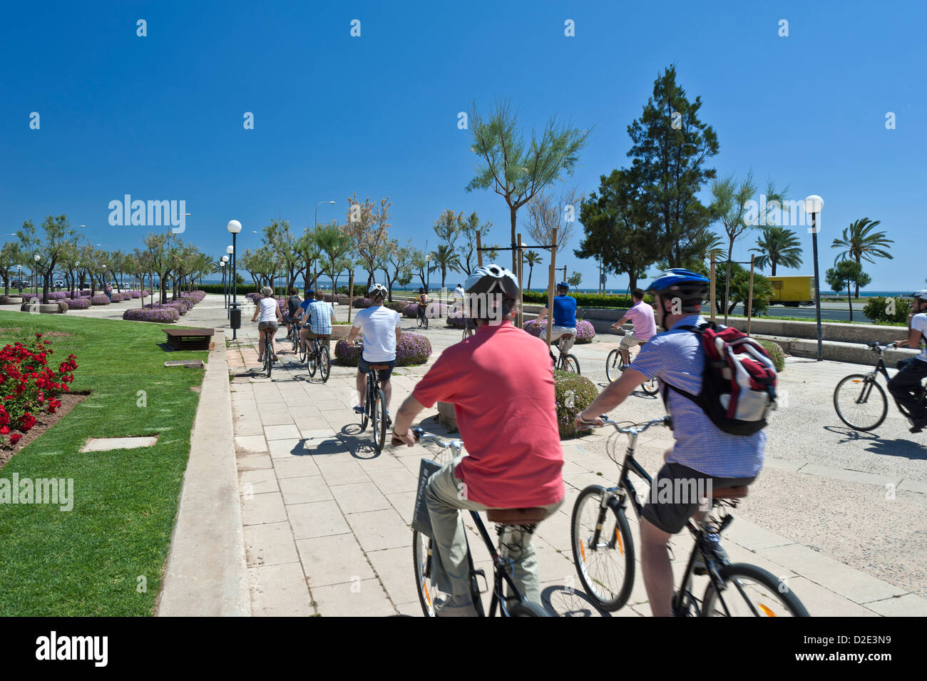 VISITE DE PALMA À VÉLO MAJORQUE Groupe de cyclistes à proximité de la cathédrale de Palma dans le parc de la Mar Palma centre historique de Majorque Espagne Banque D'Images