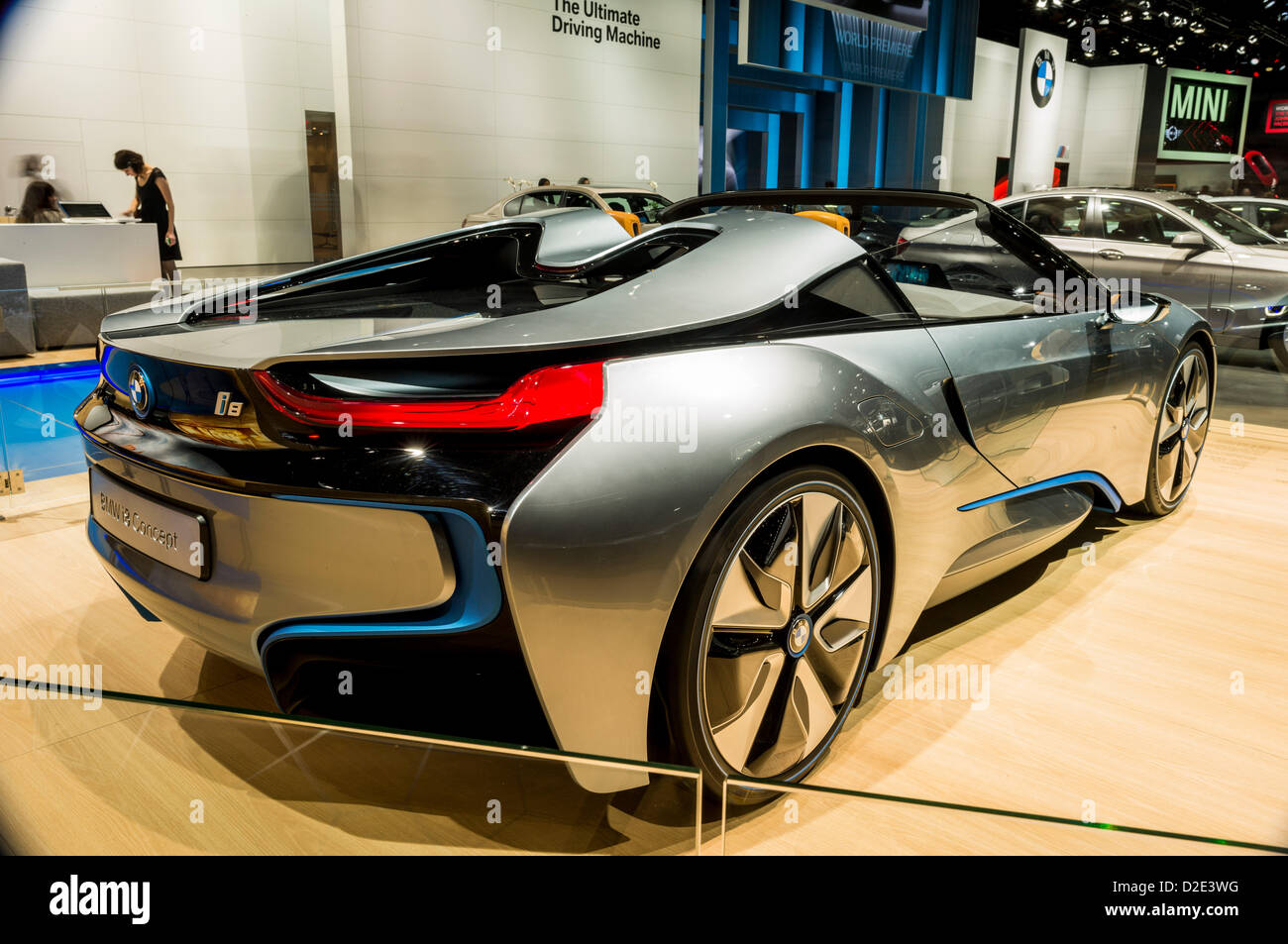 18 janvier 2013 (Détroit, Michigan, États-Unis) North American International Auto Show : BMW i8 Concept Spyder plug-in hybride de voiture de sport en exposition. Banque D'Images