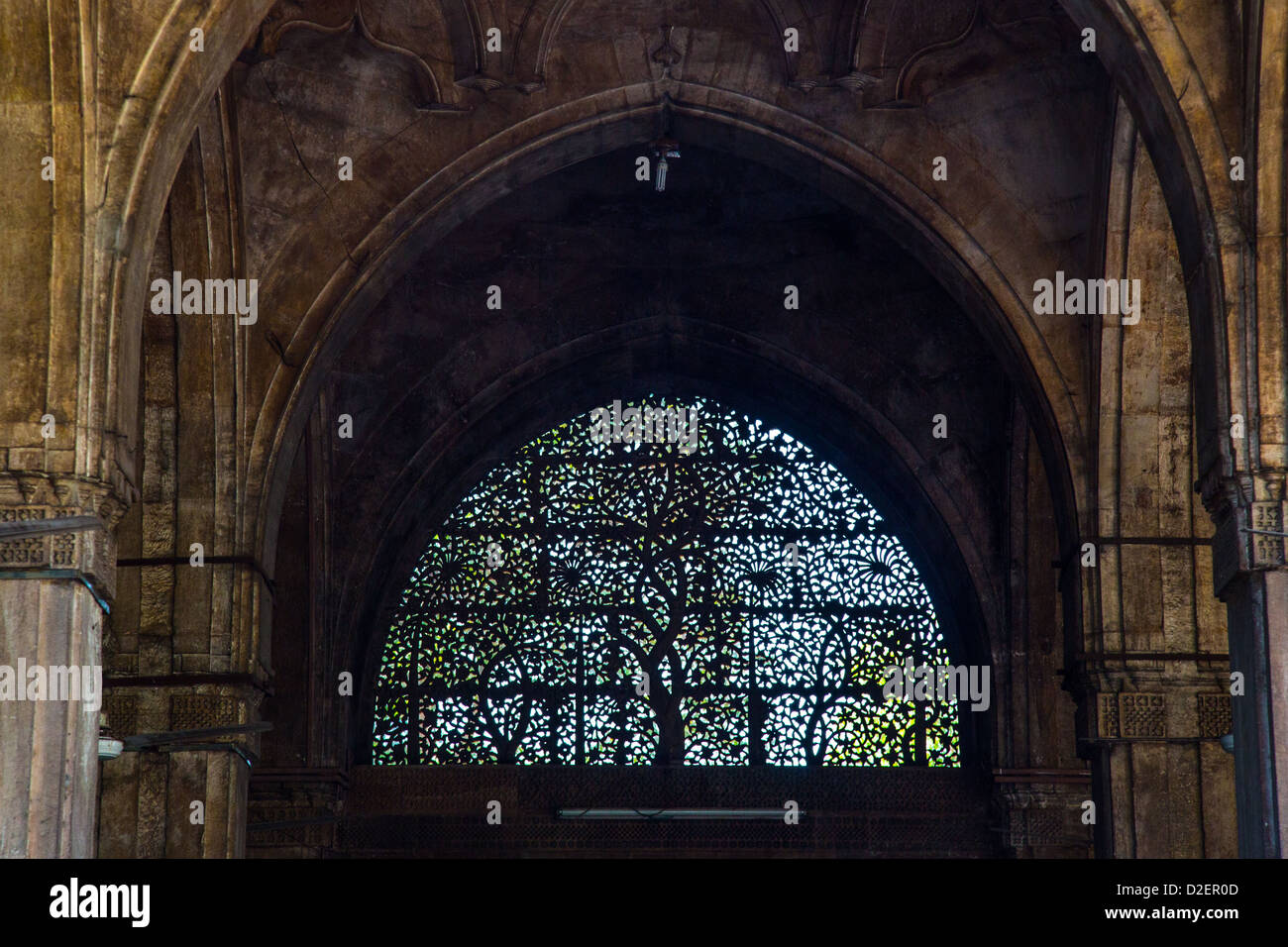 Jali sculpté orné à Sidi Sayyid Mosquée, Ahmedabad, Gujarat, Inde Banque D'Images