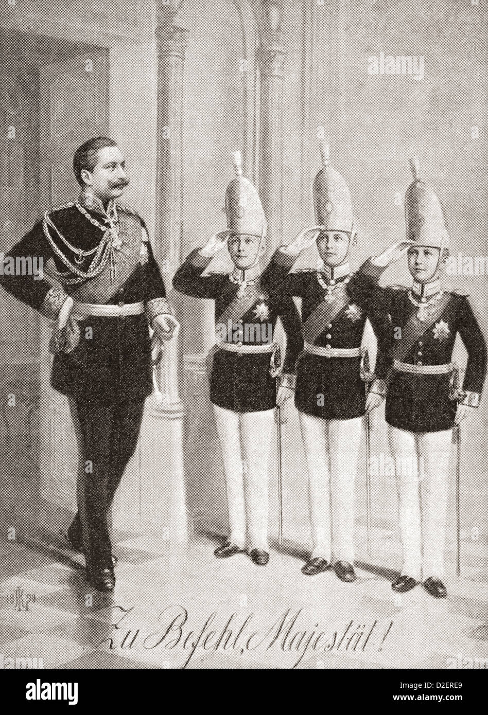 Le Kaiser Wilhelm d'être salué par trois de ses fils. Banque D'Images