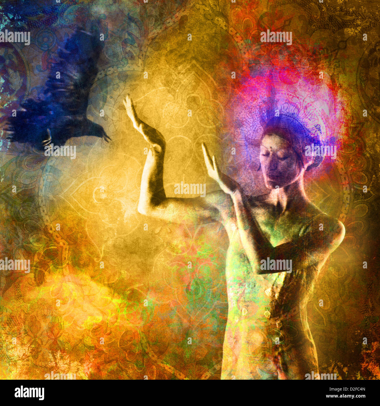 Femme avec couronne de lumière montrant dans les prochains Raven. Illustration d'après photo. Banque D'Images