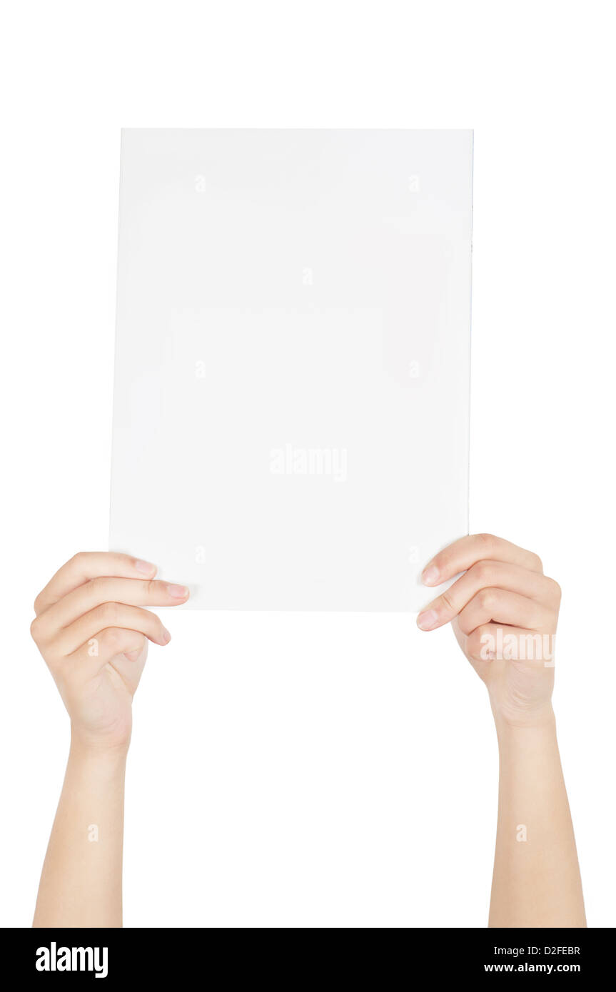 Woman holding blank business documents en main. Banque D'Images