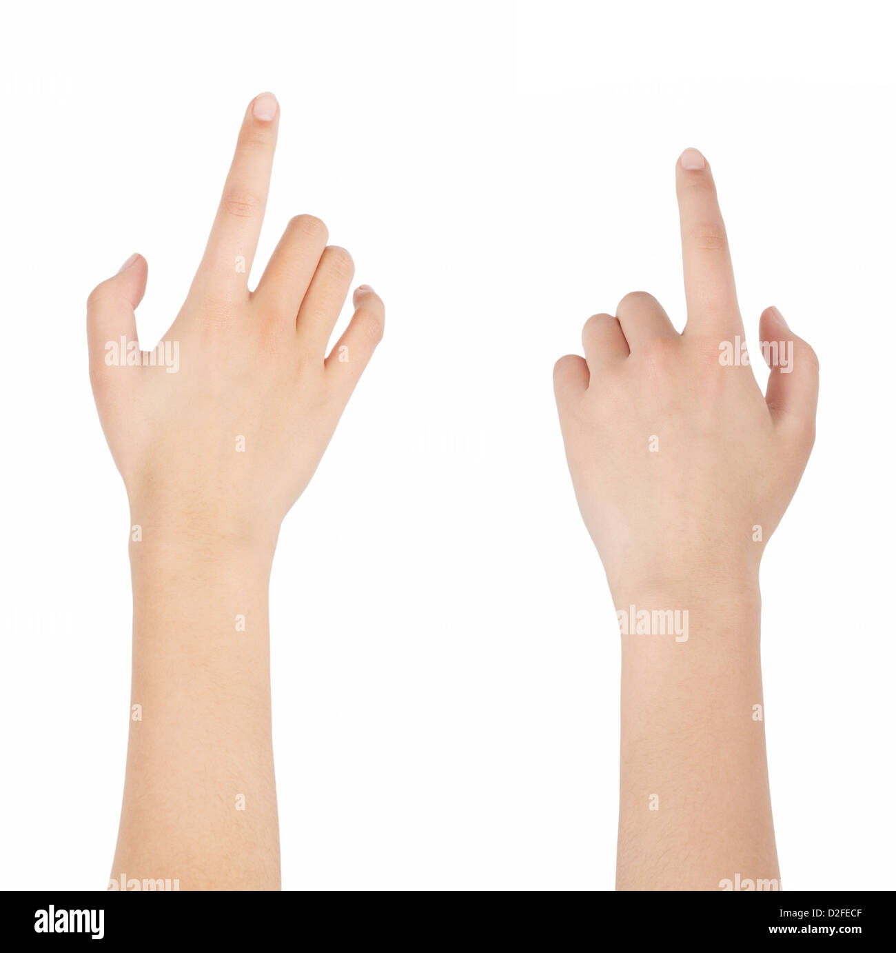 Main femme cliquez sur le fond blanc Banque D'Images