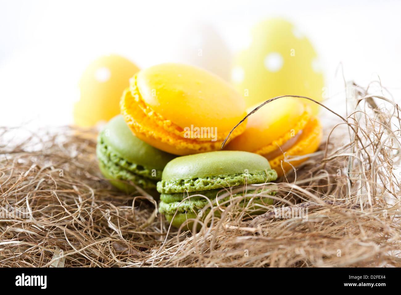 Close-up of colorful macarons au repos dans le nid et les oeufs de Pâques sur fond clair Banque D'Images