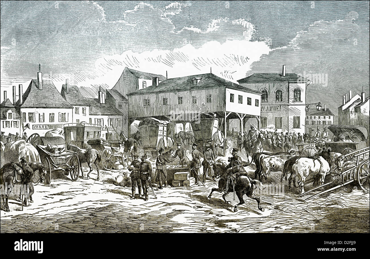 Poste de l'armée d'être distribués par les Allemands dans une ville française, une scène de la guerre de 1870 ou la guerre franco-allemande 1870-1871 Banque D'Images