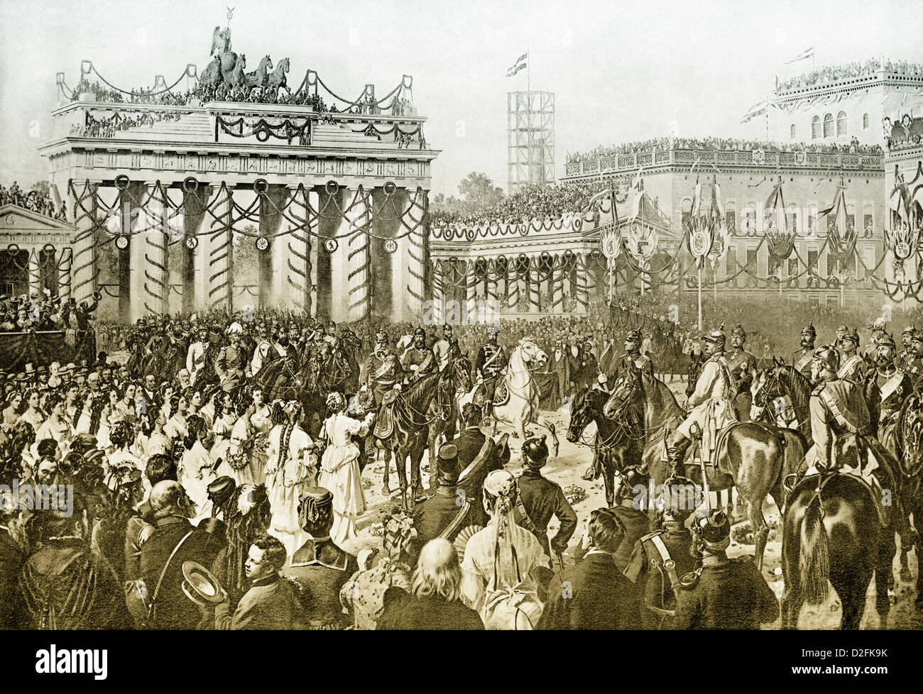 Cortège triomphal des Prussiens, Porte de Brandebourg, Berlin1871, l'Allemagne, fin de la guerre franco-allemande, 1870-1871 Banque D'Images
