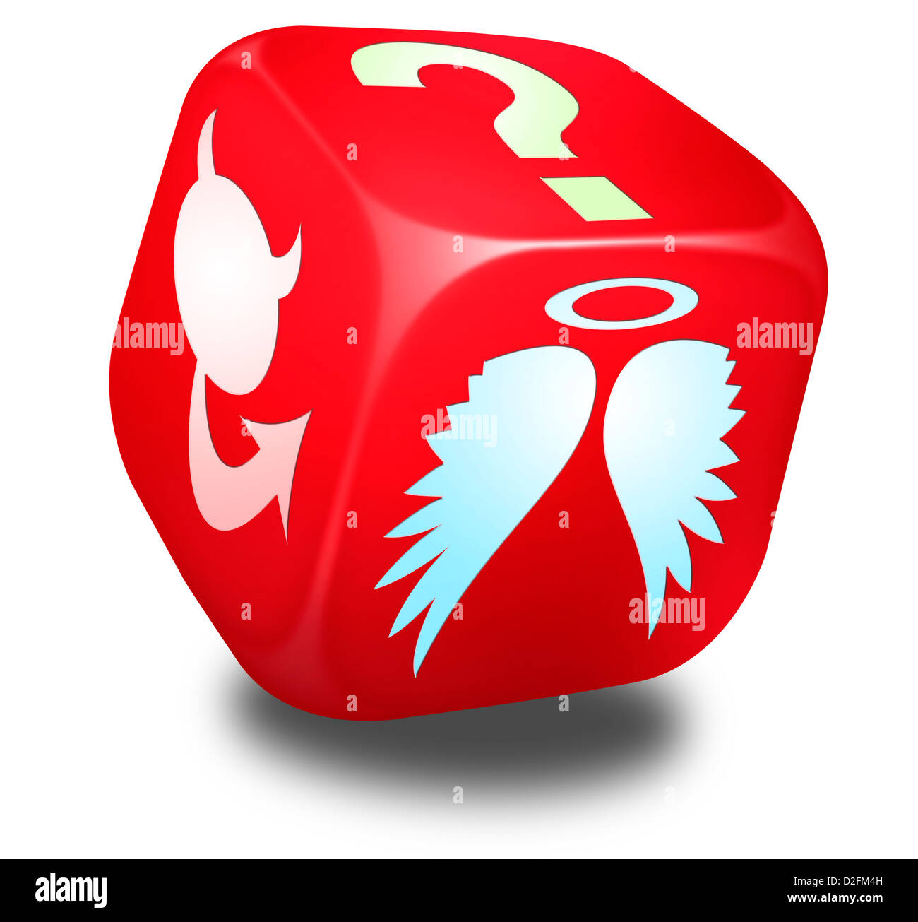Dés rouge avec des symboles représentant l'Ange et le diable, et un point d'interrogation sur les côtés - concept de choix Banque D'Images