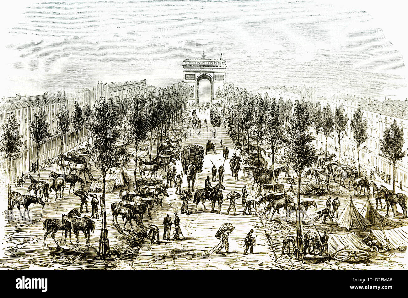 Camp de cavalerie et d'artillerie allemande, siège de Paris,1871, Avenue des Champs-Élysées, Paris, France, guerre franco-allemande, 1870-1871 Banque D'Images