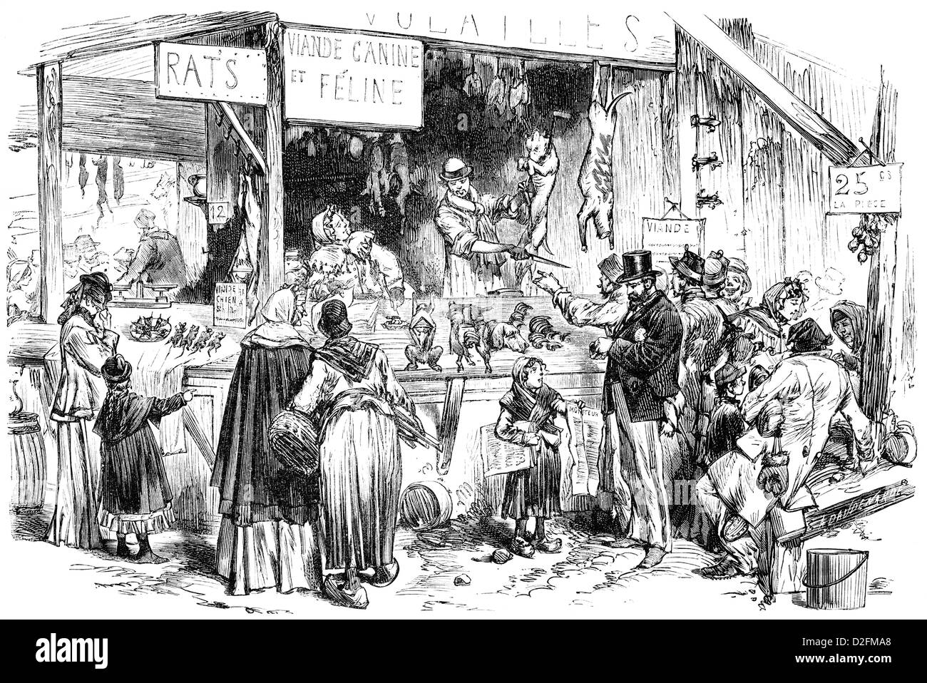 Échoppe de marché à St Germain, massacré les chats, les rats et les chiens pour ceux qui ont faim au cours de l'encerclement allemand de Paris 1871, Paris, France Banque D'Images