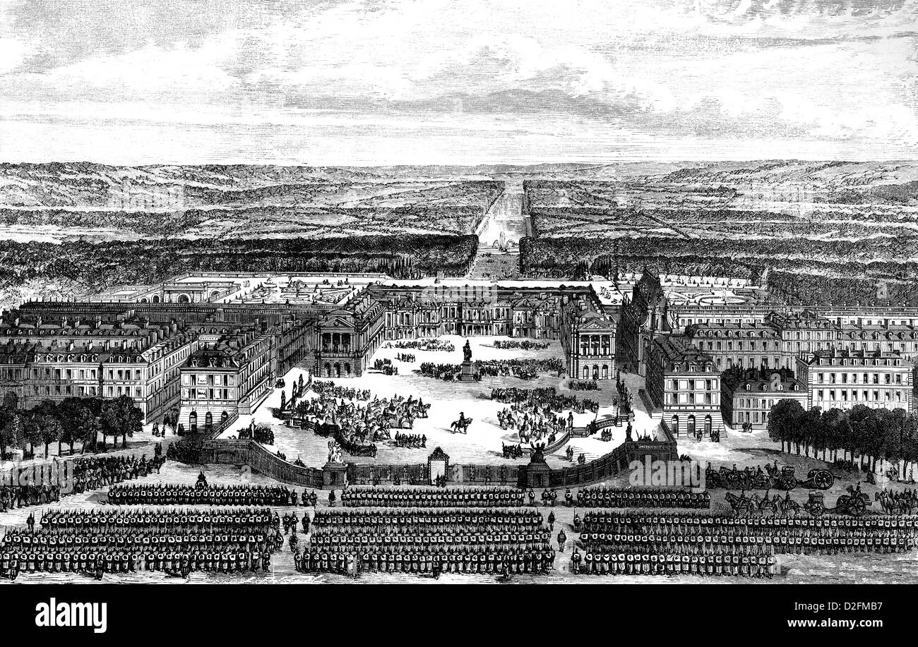 Le siège allemand dans le Palais de Versailles, Paris, 1871, scène historique de la guerre franco-prussienne Banque D'Images
