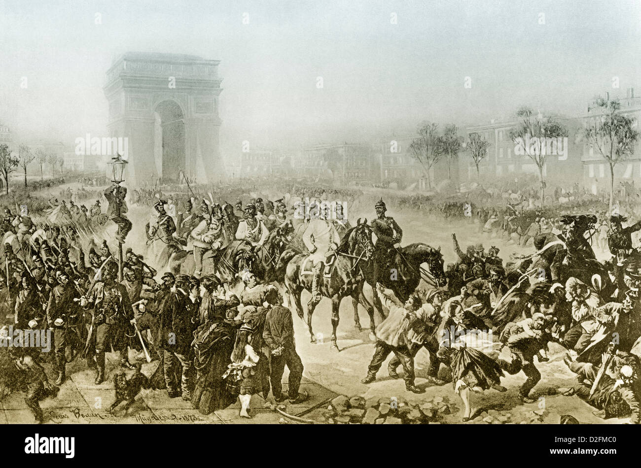 L'arrivée des Allemands à Paris le 1 mars 1871, Avenue des Champs-Élysées avec l'Arc de Triomphe, Paris, France, Banque D'Images