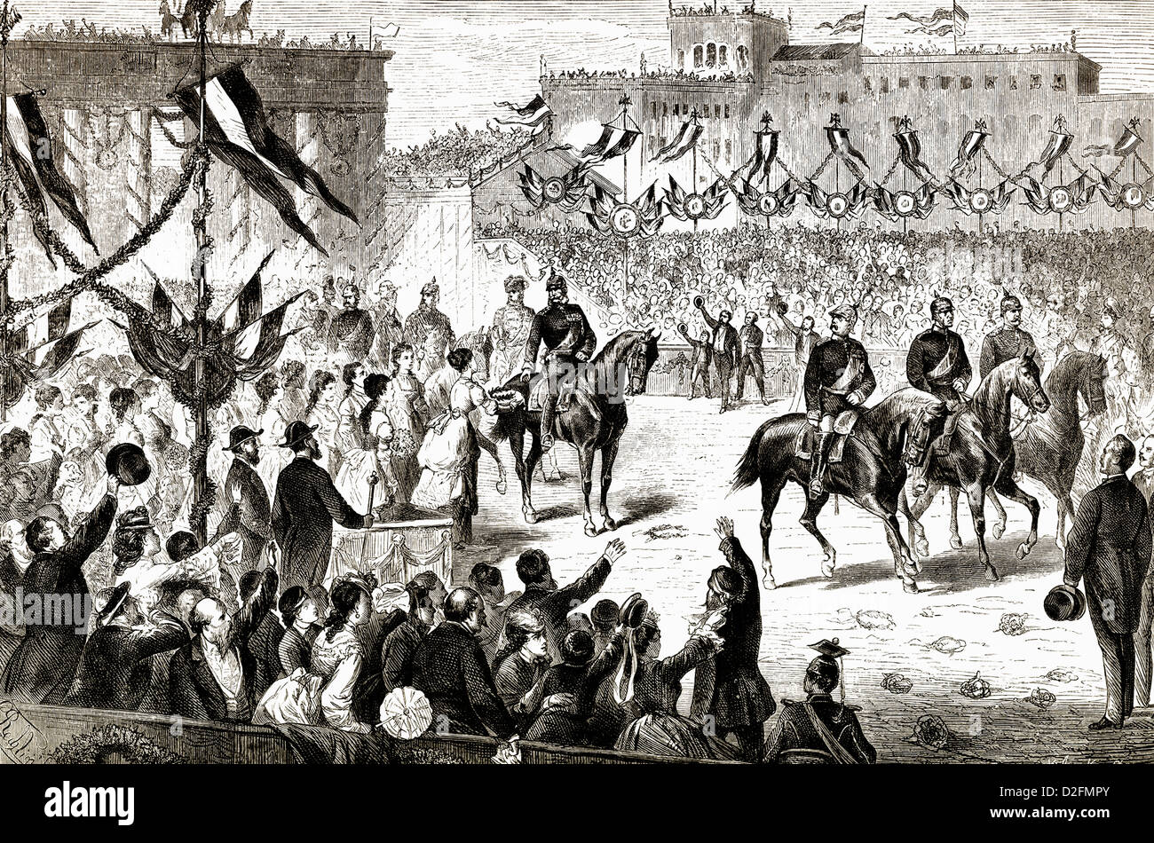 La parade triomphale des troupes prussiennes en 1871 à la porte de Brandebourg à Berlin, Allemagne, scène historique, guerre franco-allemande de 1 Banque D'Images
